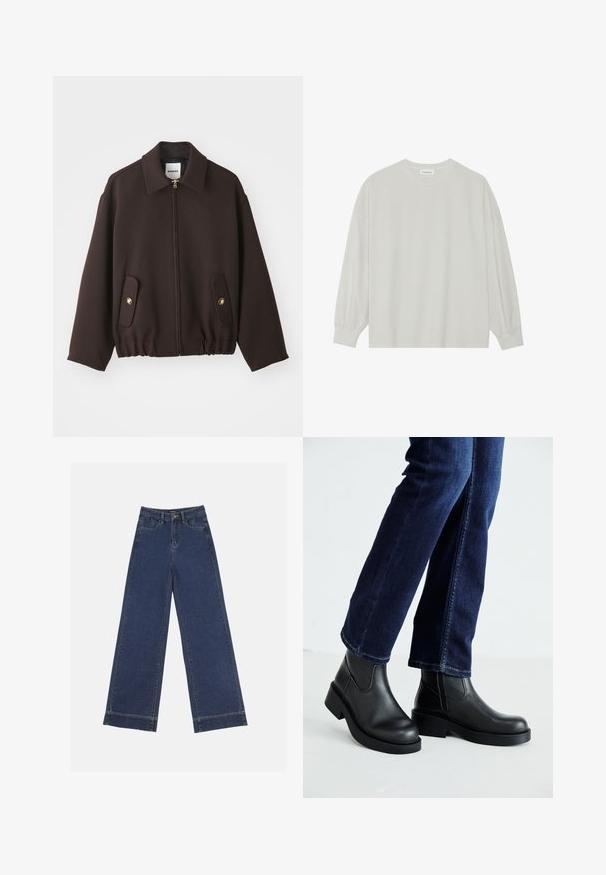 Tamsiai rudas švarkas su užtrauktuku priekyje, atviru apykakle, dviem kišenėmis su aukso mygtukais ir elastinga apačia. Pagamintas iš lygaus audinio.; Šviesiai pilkas ilgomis rankovėmis marškinėliai, pagaminti iš minkštos medvilnės. Sukurtas laisvam prigludimui, apvaliu iškirpimu ir švelniai susigūžusiomis rankovėmis. Be raštų ar piešinių.; Plati džinsai tamsiai mėlynos denimo. Yra penki kišenės, diržo kilpos ir apatinė briauna su matomais siuvimo detalėmis.; Juoda odinė kulkšninių botų su storu padu ir šoninėmis elastinėmis detalėmis, derinama su tamsiai mėlynomis džinsais. Žemė šviesios spalvos.