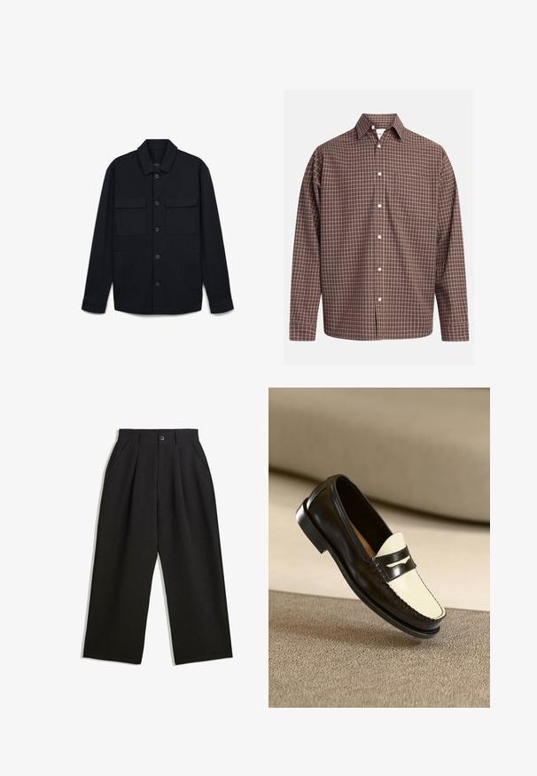 Schwarze Knopfjacket aus glattem Stoff, mit einem spitzen Kragen, zwei Taschen vorne und blauen Knöpfen entlang der Vorderseite.; Braun kariertes Hemd mit langen Ärmeln, ausgestattet mit einer Brusttasche und weißen Knöpfen auf einem strukturierten Stoff.; Schwarze Hose mit lockerem Schnitt, mit Falten an der Vorderseite, Seitentaschen und einem Knopfverschluss. Hergestellt aus strukturiertem Stoff.; Schwarze Lederloafer mit einem cremefarbenen Schaft und schwarzen Akzentstreifen, ausgestattet mit einem niedrigen Absatz und detaillierter Naht entlang der Kanten.