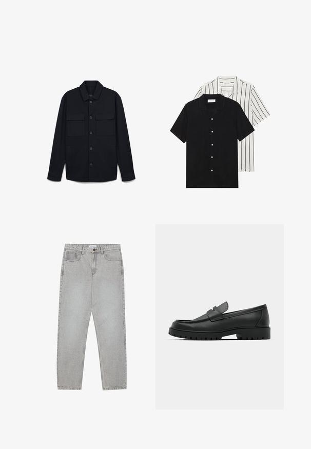 Veste noire à boutonnière, en tissu lisse, dotée d'un col pointu, de deux poches avant et de boutons bleus sur le devant.; Deux chemises à manches courtes : l'une noire unie, l'autre blanche avec des rayures verticales noires. Les deux ont des boutons et un col classique.; Pantalon en denim gris clair avec une coupe droite, cinq poches et une fermeture à bouton. Coutures visibles le long des coutures.; Mocassins en cuir noir à bout arrondi, avec un design cousu, une semelle plateforme basse et une semelle en caoutchouc texturée et crantée.