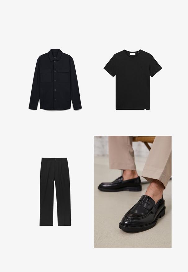 Giacca nera con bottoni, realizzata in tessuto liscio, dotata di un colletto a punta, due tasche frontali e bottoni blu lungo la parte anteriore.; T-shirt nera a maniche corte in cotone, con scollatura rotonda e un piccolo logo ricamato sul petto. Tessuto liscio, vestibilità standard.; Pantaloni neri con un design a gamba dritta, realizzati in un tessuto liscio. Presentano pieghe frontali e una chiusura a un bottone in vita.; Mocassini in pelle nera con finitura liscia, dotati di una cintura decorativa e cuciture a contrasto, abbinati a pantaloni beige.