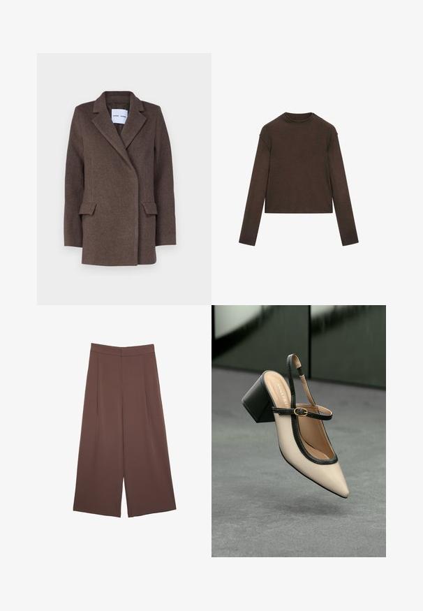 Samsøe Samsøe SAFALCONI JACKET - Cappotto classico - major brown; Maglione a maniche lunghe color marrone scuro con scollo rotondo, leggermente corto e dal design semplice e senza cuciture.; Pantaloni ampi marroni con una texture liscia, caratterizzati da una vita alta e pieghe frontali. Il tessuto è leggero e scorre liberamente.; Scarpa beige con punta a stivale, con rifiniture nere, fibbia dorata e tacco a blocco spesso su un pavimento grigio con sfondo verde scuro.