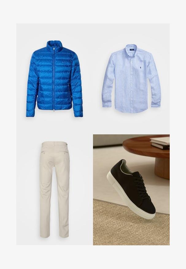 Mėlynas pūkinis džemperis su stovu, horizontalių siūlų dizainu, priekiniais užtrauktukais ir šoninėmis kišenėmis. Pagamintas iš lengvos, blizgios medžiagos.; Mėlynos ir baltos dryžuotos ilgomis rankovėmis medvilninė marškiniai, turintys sagtelę ant apykaklės, priekinius mygtukus ir mažą išsiuvinėtą logotipą krūtinėje.; Bežinės kelnės su lygia tekstūra, tiesiu pjūviu, dviem užpakalinėmis kišenėmis su sagomis ir standartine juosmena.; Juodas sportinis batelis su baltu padu, lekiančius virš smėlio spalvos tekstūruoto kilimo šalia apvalaus medinio stalo su sukrautomis knygomis.