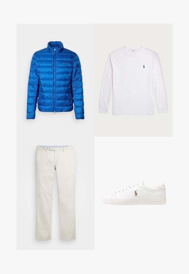 Giacca puffer blu con colletto alto, design trapuntato orizzontale, zip frontale e tasche laterali. Realizzata in materiale leggero e lucido.; T-shirt bianco a maniche lunghe realizzato in cotone. Presenta un collo rotondo, polsini a coste e un piccolo logo in blu navy del polo sul lato sinistro del petto.; Chino in cotone beige con fronte piatto, passanti per la cintura e tasche laterali. Design a gamba dritta con una texture liscia e una sensazione leggera e traspirante.; Sneakers in pelle bianca, design low-top, caratterizzati da una texture liscia, punta rotonda, chiusura con lacci e un piccolo logo ricamato sul lato.