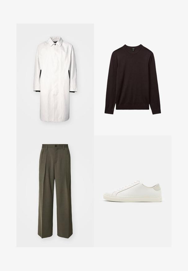 Világosszürke, térd alatt érő kabát, gallérral, patentos záródással és fekete díszítéssel az oldalán. Simább, könnyű anyagból készült.; Reiss Pulóver - dark bordeaux; Filippa K WIDE TROUSERS - Nadrágok - driftwood; Fehér bőr sneaker sima felülettel, kerek orral és minimalista dizájnnal. Bézs kiemelésekkel a sarokon és gumitalppal rendelkezik.