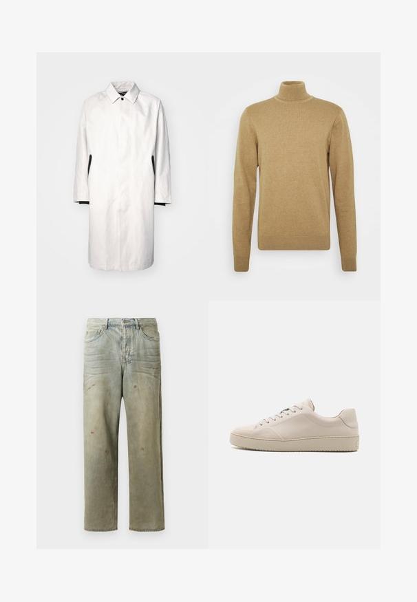 Ljust grå, knälång kappa med krage, tryckknappslås och svarta detaljer på sidorna. Tillverkad av mjukt, lätt tyg.; Beige polo-tröja i mjukt stickat tyg. Har långa ärmar och en figursydd design. Ribbad nederkant och krage som accent.; Slitna denimjeans i ljusgröna toner, med rak benprofil, femficksdesign och ojämn blekning med färgsplatter.; Beiga läderskor med en slät yta, rund tå, platt sula och klassisk snördesign. Diskreta sömdetaljer och texturerad sula.