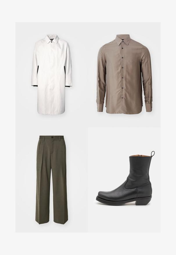 Gaiši pelēks, līdz ceļiem garš mētelis ar apkakli, ar pogu aizdari un melniem akcentiem sānos. Izgatavots no gludas, vieglas auduma.; Ilgi piedurkņu krekls pelēkā krāsā, izgatavots no gludas auduma, ar pogājamu priekšpusi un tumšām pogām, ar mazu logotipu uz krūšu vietas.; Filippa K WIDE TROUSERS - Auduma bikses - driftwood; Melna ādas potītes zābaks ar gludu tekstūru, šauru profilu, sānu šuvēm un zemu kvadrātveida papēdi. Aiz muguras ir pievilkšanas cilpa.