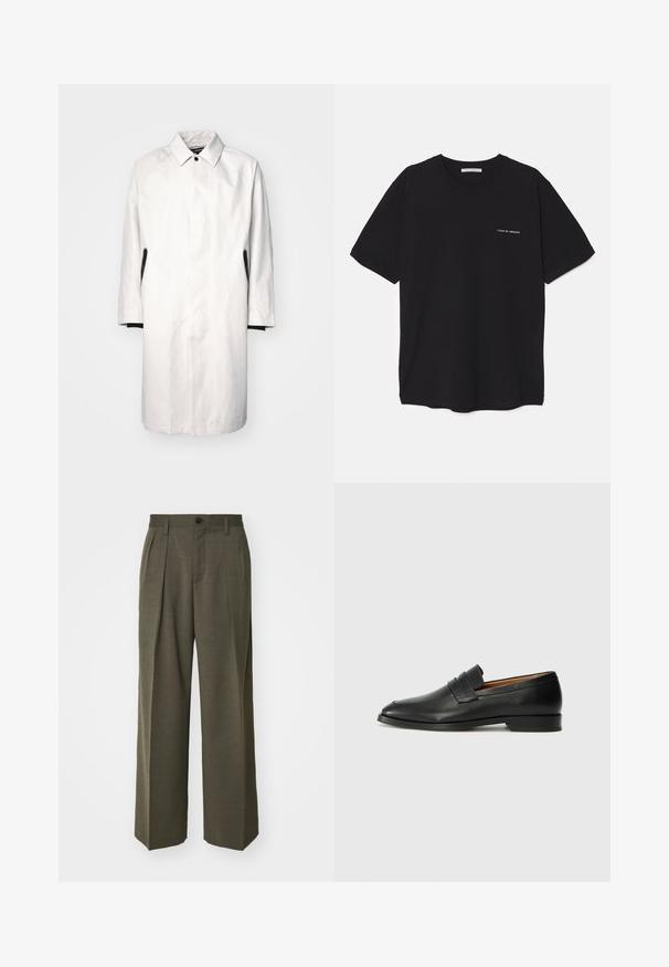 Cappotto grigio chiaro fino al ginocchio con colletto, chiusura a bottoni a pressione e dettagli neri sui lati. Realizzato in tessuto leggero e morbido.; T-shirt in cotone nero con collo rotondo, maniche corte e stampa bianca del logo sul lato sinistro del petto. Design semplice e monocromatico.; Filippa K WIDE TROUSERS - Pantaloni - driftwood; Mocassino in pelle nera con punta arrotondata, dettagli cuciti sottili e tacco basso, caratterizzato da una texture liscia e un design minimalista.
