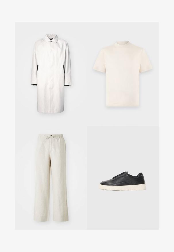 Casaco cinza claro até aos joelhos, com colarinho, fecho de pressão e detalhes pretos nas laterais. Feito de um tecido liso e leve.; T-shirt creme de mangas curtas com um decote alto, feita de algodão macio. Apresenta um logótipo em relevo discreto no peito.; Calças de linho numa cor bege clara, com um corte solto, cintura elástica com cordão e bolsos laterais para maior comodidade.; Sapatilha em couro preto com acabamento texturizado, biqueira redonda e sola plana de borracha branca. Apresenta atacadores pretos e uma marca na parte de trás.