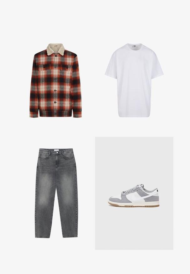 Raudonas, juodas ir baltas languotas švarkas su mygtuku priekyje, dviem krūtinės kišenėmis ir grietinėlės spalvos šerpa apykakle.; Balta medvilninė marškinėlių užsagėlė su trumpomis rankovėmis, apvaliu kaklu, laisva forma ir be matomų logotipų ar raštų. Lygi tekstūra ir minimalus dizainas.; Aukštai juosmeniu, laisvai krentančios džinsai iš blukusių juodų džinsų. Savybės: penki kišenės, diržo kilpos ir švari, tiesi kojų dizainas.; Pilka ir balta sportinė avalynė su zomšiniu ir odiniu viršumi, suapvalintu pirštu, plokščiomis raištelėmis ir guminėmis padais su guminiu akcentu.