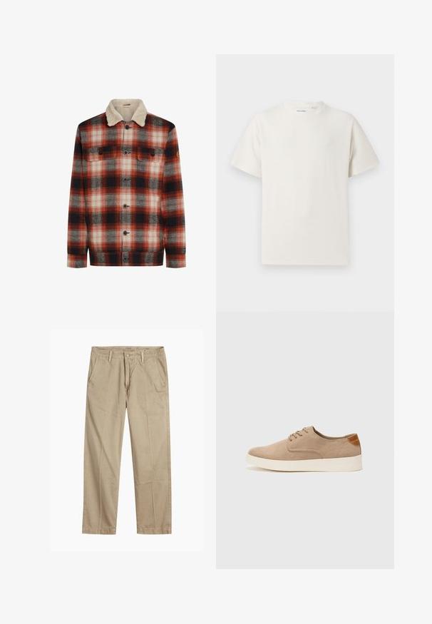 Rdeča, črna in bela karirana jakna z gumbom spredaj, dvema žepoma na prsih in ovratnikom iz kremastega sherpa materiala.; Bela majica s kratkimi rokavi iz rebraste tkanine. Okrogli izrez, sproščen kroj, brez vidnih vzorcev ali naglasov. Preprosta in vsestranska zasnova.; Bežne bež hlače ravnega kroja z zanko za pas, sprednjim gumbom in zadrgo ter bočnimi žepki.; Bež tkanine usnjene superge z zaobljenim nosom, vezalkami na sprednji strani in teksturiranim zadnjim detajlom. Belo gumijasto podplato zagotavlja kontrast. Enostaven in sodoben dizajn.