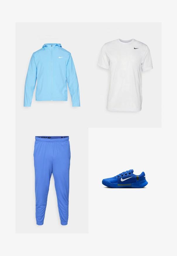 Nike Performance FORM - Windjack - university blue/reflective silver; Witte korte mouwen t-shirt gemaakt van gladde stof. Voorzien van een ronde hals en een klein zwart Nike-logo op de linkerborst.; Heren blauwe sportbroek van lichtgewicht stof, met een elastische tailleband met een zwart logo en taps toelopende boorden bij de enkels.; Blauwe sport schoenen met een gestructureerde mesh bovenzijde, een rubberen zool met een zigzagpatroon en een wit Nike-logo aan de zijkant.