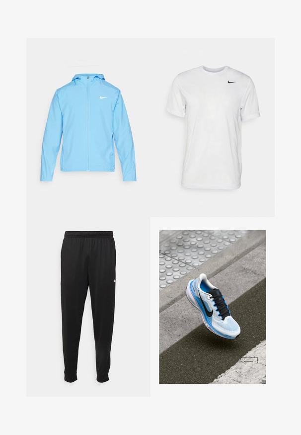 Nike Performance FORM - Neperpučiamoji striukė - university blue/reflective silver; Balta trumpa rankovėmis marškinėliai, pagaminti iš lygaus audinio. Turi apvalų kaklą ir mažą juodą Nike logotipą kairėje krūtinės pusėje.; Juodi sportiniai kelnės, pagamintos iš lygaus audinio, turinčios elastinę juosmenį, siaurėjantys sijonai ir mažas baltas logotipas kairėje pusėje.; Balti ir mėlyni bėgimo bateliai su juodais raišteliais ir Nike swoosh, pakibę virš asfalto ir šaligatvio krašto.