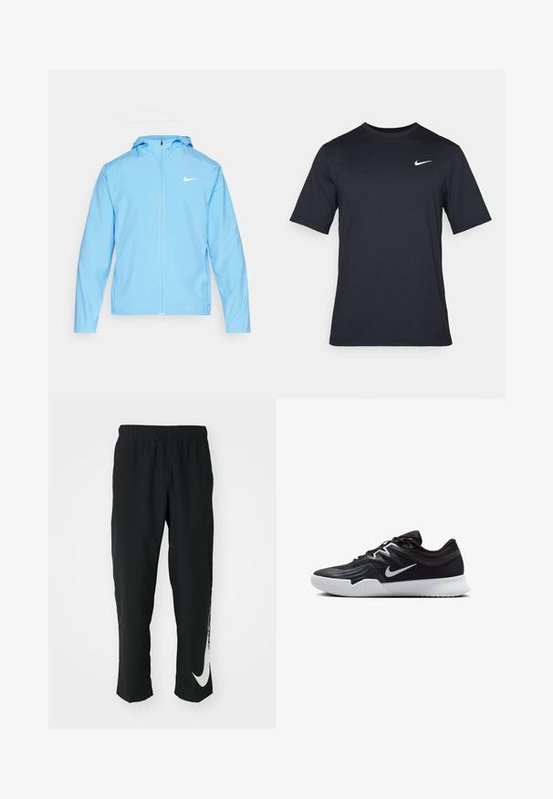 Nike Performance FORM - Vetrovka - university blue/reflective silver; Čierne tričko s krátkym rukávom značky Nike z hladkého materiálu, s bielym logom swoosh na pravej hornej strane, okrúhly výstrih.; Čierne športové nohavice s elastickým pásom, zúžený strih, s veľkým bielym logom Nike na ľavom stehne. Mäkká, ľahká tkanina.; Čierna športová topánka s textúrovaným zvrškom, bielym logom Nike a bielou gumovou podrážkou. Má šnurovací dizajn a dynamický tvar.