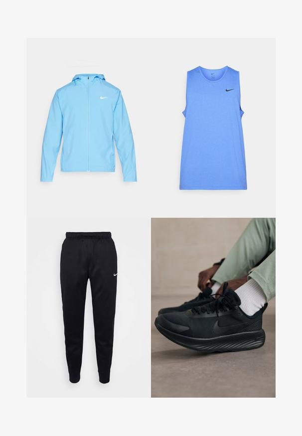 Nike Performance FORM - Outdoorjakke - university blue/reflective silver; Lys blå ermeløs treningsskjorte laget av glatt stoff. Har en rund halslinning og svart Nike-logo øverst til venstre.; Svart Nike joggebukser med elastisk midjebånd, smale ben og diskret logo. Laget av glatt stoff med et enkelt design.; Sorte Nike løpesko har en mesh-overdel, teksturert såle og minimal branding. Designet er strømlinjeformet og har et atletisk utseende.