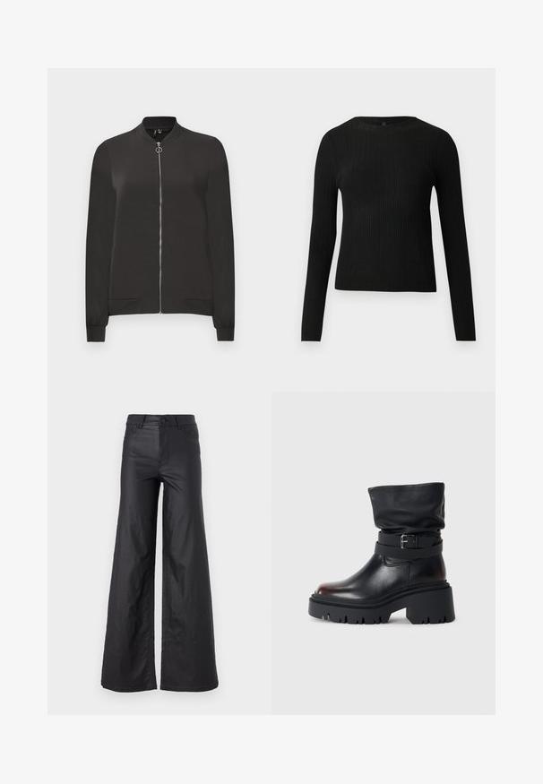 Crna bomber jakna izrađena od glatkog materijala, sa prednjim patentnim zatvaračem, rebrastim okovratnikom i manžetama, te dva bočna džepa.; Crni rebrasti dugouhasti pripijeni pulover s okruglim izrezom, prikazan na jednostavnoj svijetloj pozadini.; Crne široke hlače od umjetne kože. Imaju visoki struk, petlje za remen, dva prednja džepa i šivanu obradu.; Crne kožne čizme do gležnja s opuštenim gornjim dijelom, detaljem kopče i debelim, robusnim đonom. Imaju okrugli vrh i glatku teksturu.