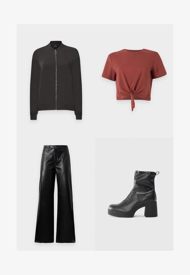 Sort bomberjakke lavet af glat stof, med en frontlynlås, ribbet krave og manchetter samt to sidelommer.; Rostfarvet cropped t-shirt i blød bomuld med korte ærmer og knyttet frontdetalje. Glat tekstur, rund halsudskæring.; Sorte high-waisted bukser i bred ben i imiteret læder med forreste knap, lynlås, bæltestropper og sidelommer på hvid baggrund.; Sorte ankelstøvler lavet af glat læder, med en sidelukning, kraftig struktureret hæl og rundt tådesign.