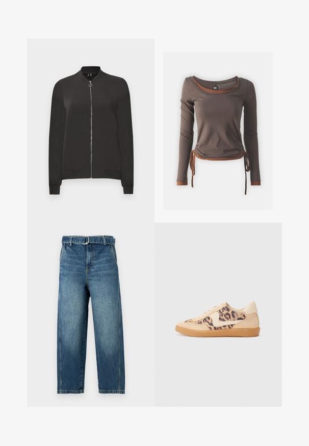 Černá bomber bunda vyrobená z hladké tkaniny, se zapínáním na zip vpředu, žebrovaným límcem a manžetami a dvěma bočními kapsami.; Hnědý dlouhý rukáv tričko s kulatým výstřihem, s nařaseným designem uvázaným v pase a kontrastními hnědými akcenty na manžetách a spodním lemu.; Modré džíny z denimu s vysokým pasem, širokými nohavicemi a poutkem na pásek s kovovým kroužkem. Materiál obsahuje vyblednutí a jemné škrábance.; Tenisky s leopardím vzorem, s béžovým semišovým svrškem, hnědou gumovou podrážkou a bílými akcenty. Kulatý špička a šněrovací design s texturovaným povrchem.