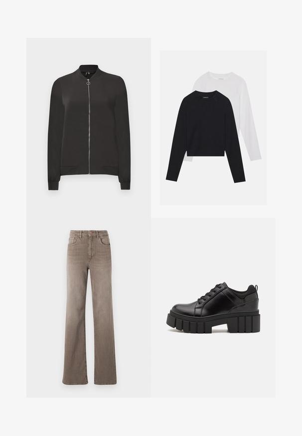 Schwarze Bomberjacke aus glattem Stoff, mit einem Frontreißverschluss, geripptem Kragen und Bündchen sowie zwei Seitentaschen.; Zwei langärmelige Hemden: eines schwarz und eines weiß. Beide haben einen Rundhals, Raglanärmel und bestehen aus einem weichen Baumwollmischgewebe.; Braune hoch taillierte Straight-Leg-Jeans mit vorderem Knopf, Gürtelschlaufen und klassischem Fünf-Taschen-Design auf weißem Hintergrund.; Schwarze Lederplateauschuhe mit klobigem Blockabsatz, runder Zehenpartie und traditionellem Schnürdesign. Verfügt über eine glatte Textur und minimale Details.