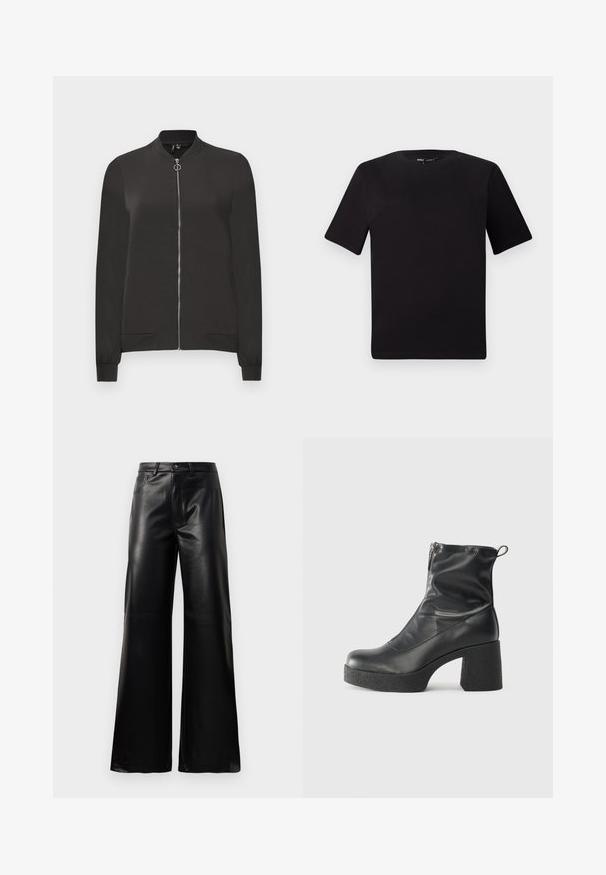 Musta pommitakki, joka on valmistettu sileästä kankaasta, varustettu edessä vetoketjulla, riipputakilla ja hihoilla sekä kahdella sivutaskulla.; Musta lyhythihainen t-paita pyöreällä kaula-aukolla, valmistettu pehmeästä puuvillakankaasta. Yksinkertainen malli, ei näkyviä logoja tai kuvioita.; Mustat korkeat leveät keinonahkahousut, joissa on etupainike, vetoketjukiinnitys, vyölenkit ja sivutaskut valkoista taustaa vasten.; Mustat nilkkurit, jotka on valmistettu sileästä nahasta. Niissä on sivuvetoketju, paksu teksturoitu korko ja pyöristetty kärki.