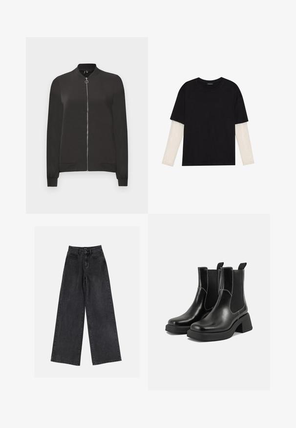 Schwarze Bomberjacke aus glattem Stoff, mit einem Frontreißverschluss, geripptem Kragen und Bündchen sowie zwei Seitentaschen.; Schwarzes T-Shirt aus Baumwolle mit kurzen Ärmeln über einer weißen Langarmschicht, die ein dezentes strukturiertes Muster aufweist. Rundhalsausschnitt.; Schwarze, weit geschnittene Denim-Jeans mit hoher Taille, klassischem Fünf-Taschen-Design und dezentem Verblassen. Strapazierfähiger Stoff mit glatter Textur.; Schwarze Leder Chelsea-Stiefel mit einem klobigen Absatz, elastischen seitlichen Einsätzen und kontrastierendem weißen Nähten. Strukturierte Oberfläche.