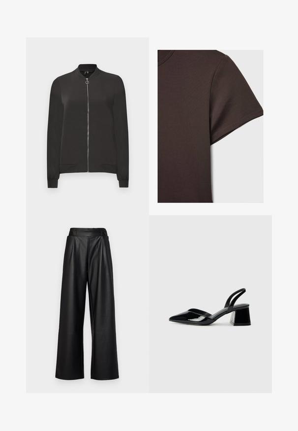 Sort bomberjakke lavet af glat stof, med en frontlynlås, ribbet krave og manchetter samt to sidelommer.; Mørkebrun kortærmet t-shirt lavet af glat, strækbart materiale, med en klassisk rund halsudskæring og rene syninger.; Sorte, vide bukser lavet af læder, med høj talje, plisseringer og to runde knapper foran til lukning.; Sorte patentlæder slingback hæle med spids tå og en geometrisk blok hæl. Har et elegant, minimalistisk design og en glat tekstur.
