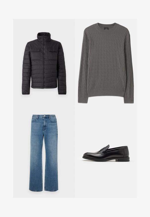 Mustat eristetyt takit, joissa on korkea kaulus, etuvetoketju ja kaksi rintataskua. Ominaisuuksiin kuuluu tikattu muotoilu ja sileä pinta.; Armani Exchange Neule - dark gull zig zag; Levelederg blå jeans laget av denim med en falmet finish. Har fem lommer, glidelås foran og rett snitt.; Mustat nahkakengät, joissa on sileä pinta, pyöreä kärki ja koristeellinen nauha jalkapöydän yli. Matala pinoitu koroke, minimalistinen muotoilu.