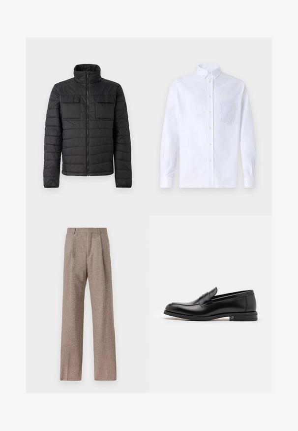 Czarna ocieplana kurtka z wysokim kołnierzem, zamkiem z przodu i dwiema kieszeniami na piersi. Posiada pikowany wzór i gładką teksturę.; Biała koszula z długim rękawem na guziki, wykonana z bawełny, z kieszonką na piersi z tonowym haftem, kołnierzykiem i zapięciem na guziki przy mankietach.; Brązowe, wysokiej talii spodnie wykonane z teksturowanej tkaniny. Posiadają szerokie nogawki i dwa przednie zakładki dla lepszej struktury. Starannie wykończone, bez widocznych elementów metalowych.; Czarne skórzane mokasyny o gładkiej fakturze, zaokrąglonym nosku i dekoracyjnym pasku na przodzie. Niski, warstwowy obcas, minimalistyczny design.