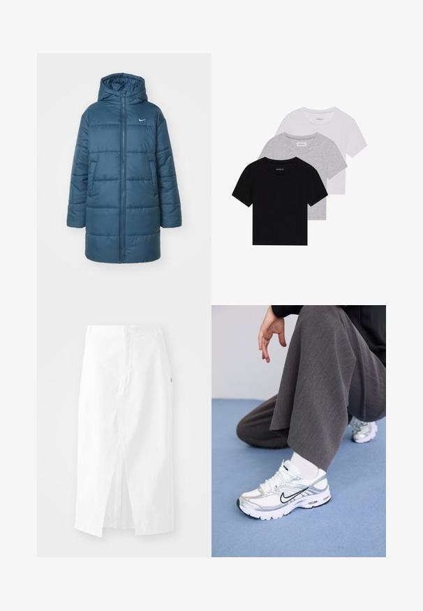 Siltināta jaka tumši zilā krāsā, ar rāvējslēdzēja fronti, lielu kapuci un sānu kabatām. Ietver horizontālo šuvju un mazu logo uz krūšu zonas.; Trīs īsām piedurknēm T-krekli melnā, pelēkā un baltā krāsā. Izgatavoti no kokvilnas, ar apaļu kakla izgriezumu un vienkāršu, viendabīgu krāsas dizainu.; Balta kokvilnas midi svārki ar taisnu griezumu, sānu iegriezumu un slēptu rāvējslēdzēju. Gluda tekstūra, minimāla dizaina iezīmes un nav pamanāmu rotājumu.; Baltie un sudraba sporta apavi ar sieta un sintētiskajiem materiāliem, ar melniem akcentu līnijām, šņorēm un teksturētām zolem.