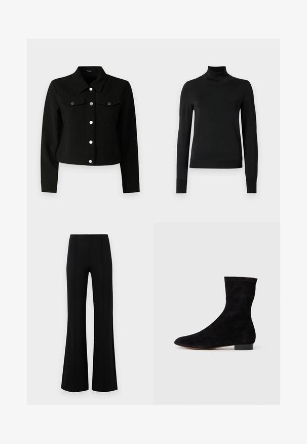 Juodas trumpas švarkas su smailiu apykakle, ilgomis rankovėmis, dviem užklotais krūtinės kišenėmis ir sidabro spalvos spaustukais priekyje.; Juoda ilgomis rankovėmis turtleneko tipo megztinis su rebruotomis rankovėmis ir apačia, eksponuojamas ant paprasto balto fono.; Juodos plačios kelnės su aukštu liemeniu, pagamintos iš tamprios medžiagos. Priekinėje dalyje yra vertikalūs siūlų akcentai ir lygus paviršius.; Juoda zomšo kulkšnė su prigludusia ašimi, smailiu pirštu ir žemu bloku. Lygus paviršius ir minimalistiškas dizainas, tinkantis įvairiems stiliams.