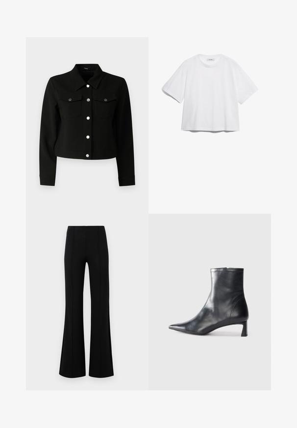 Juodas trumpas švarkas su smailiu apykakle, ilgomis rankovėmis, dviem užklotais krūtinės kišenėmis ir sidabro spalvos spaustukais priekyje.; Balta medvilninė marškinėliai su trumpomis rankovėmis, apvaliu iškirpimu, laisvu siluetu ir be matomų raštų ar grafikų. Lygus paviršius ir paprastas dizainas.; Juodos plačios kelnės su aukštu liemeniu, pagamintos iš tamprios medžiagos. Priekinėje dalyje yra vertikalūs siūlų akcentai ir lygus paviršius.; Juodas odinis kulkšninis batas su smailiu pirštu ir elegantišku dizainu. Turi žemą kulną ir užtrauktuką gale. Lygi tekstūra.