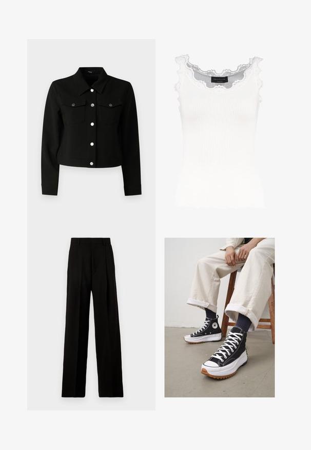 Sort cropped jakke med spidse krave, lange ærmer, to klaplommer på brystet og sølvfarvede trykknapper foran.; Hvid ribbet tanktop med blondekanter ved halsudskæringen og ærmerne. Har en blød tekstur og en tætsiddende pasform. Mærket er synligt indeni.; Sort vide bukser lavet af glat stof, med høj talje, pressefolder foran og et rent, skræddersyet design uden udsmykninger.; Høje sorte sneakers med hvide snørebånd og gummitå. Tykk hvid sål med en tekstureret brun ydersål, båret med marineblå stribede sokker.