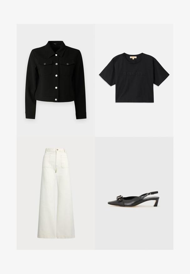 Sort cropped jakke med spidse krave, lange ærmer, to klaplommer på brystet og sølvfarvede trykknapper foran.; Sort cropped t-shirt lavet af bomuld. Har rund halsudskæring og korte ærmer. "MICHAEL KORS" broderet i matchende farve på fronten.; Pæne brede jeans i off-white denim. Høj talje med knaplukning, to forlommer og detaljer med kontrastsyning.; Sorte læder slingback sko med spidse tæer, lille hæl og dekorativ spænde detalje på overdelen. Glat tekstur, minimalistisk design.