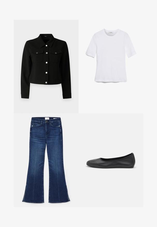 Sort cropped jakke med spidse krave, lange ærmer, to klaplommer på brystet og sølvfarvede trykknapper foran.; Hvid kortærmet t-shirt lavet af ribbet stof. Rund halsudskæring, almindelig pasform og subtile syninger. Ingen mønstre eller grafik.; Mørkeblå flagrende jeans lavet af denim. Har høj talje, forlommer og splitdetaljer i kanten. Klassisk fem-lomme design.; Sort læderballetsko med rund tå, glat tekstur, minimal syning og et fleksibelt såldesign.