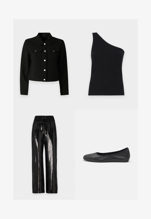 Zwart cropped jasje met puntige kraag, lange mouwen, twee opgestikte borstzakken en zilveren drukknoopsluitingen aan de voorkant.; Zwarte ribbel tanktop met één schouder, met een aansluitend ontwerp en een zachte textuur. Kenmerkt zich door een strakke, minimalistische snit en een soepele halslijn.; Zwarte paillettenbroek met een wijde pijp en een elastische tailleband met een trekkoord. De stof heeft een reflecterende, glanzende textuur.; Zwarte leren ballerina met een ronde neus, gladde textuur, minimale stikdetails en een flexibele zoolontwerp.