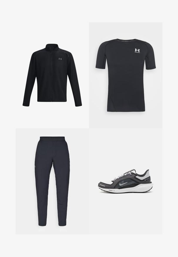 Black athletic jacket featuring a full zip, long sleeves, quarter-zip collar, and reflective accents; made from smooth, lightweight material.; Black short-sleeve athletic shirt made of moisture-wicking, stretchy fabric. Features a round neckline and a small white logo on the chest.; Black athletic pants with a smooth texture, slim fit, elastic waistband, and side pockets. Features a small logo on the left thigh.; Black and gray athletic shoe with a mesh upper, reflective accents, and a white midsole. Features textured rubber outsole and laces.