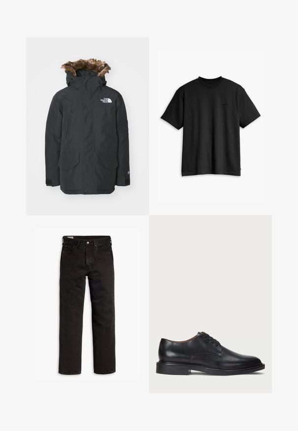 Črna parka jakna s kapuco podloženo z umetnim krznom. Ima dva sprednja žepa, logotip na prsih ter nastavljive manšete z ježkom.; Črna bombažna majica s kratkimi rokavi in krožnim izrezom. Ima diskreten logo na sprednji strani in raven rob. Preprost in minimalističen dizajn.; Črne kavbojke ravnega kroja z žepi, gumbnim zapiranjem in zankami za pas, ležijo položene na belem ozadju.; Črne usnjene oblečne čevlje s krožno konico, zavezovanje z vezalkami in nizko plastiko. Gladka tekstura z minimalnimi šivi.