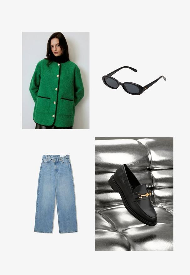 Giacca in pile verde con rifiniture nere, dotata di un collo rotondo, ampie tasche frontali e bottoni dorati ben visibili. Tessuto morbido e texturizzato.; Maglietta bianca a maniche lunghe, con scollo rotondo, vista da dietro, posata piatta su uno sfondo bianco.; Jeans azzurri a gamba larga realizzati in denim, con vita alta, cinque tasche, chiusura a bottone e una leggera scoloritura per aggiungere texture.; Mocassino in pelle nera con dettagli in metallo dorato. La scarpa presenta un design elegante e una texture liscia e lucida.; Occhiali da sole neri oversize con lenti ovali, montatura in plastica liscia e accenti dorati sulle tempie. Le lenti scure offrono protezione dal sole.