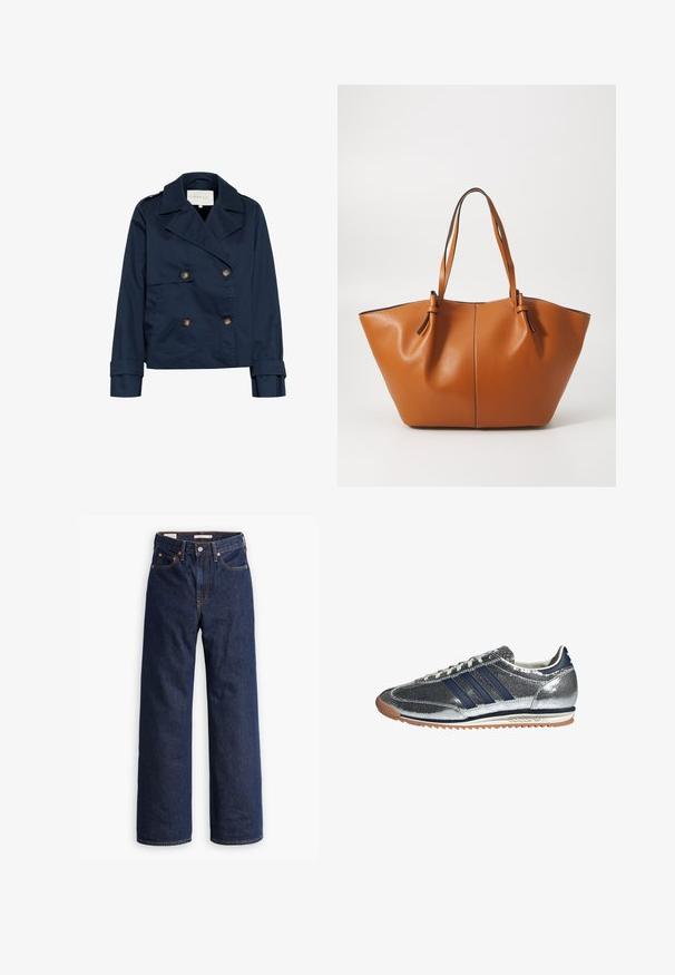 Marineblauwe dubbelrags jasje met grote revers, gouden knopen, zijzakken en een gladde, lichtglanzende stoftextuur.; Blauw en witte gestreepte langlopende overhemstel met een spreadkraag, getailleerde pasvorm en afgeronde zoom. Gestructureerd katoenen materiaal.; Donkerblauwe rechte spijkerbroek met vijf zakken, oranje stiksels en een knopen sluiting.; Zilveren synthetische sneaker met marineblauwe strepen, ronde neus, witte voering en gumzool. Heeft een gestructureerde bovenkant en vetersluiting.; Bruine leren tote bag met een brede, hoekige vorm; beschikt over twee lange handvatten en contrasterende stiksels langs de randen.