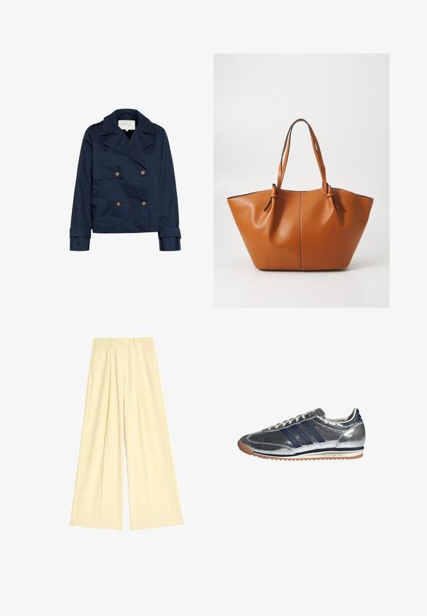 Marineblaues, doppelt geknöpftes Jackett mit breiten Revers, goldenen Knöpfen, seitlichen Taschen und einer glatten, leicht glänzenden Stoffoberfläche.; Weißes T-Shirt mit kurzen Ärmeln aus glatter Stoffqualität, mit rundem Ausschnitt und dezenten Nähten am Saum.; Weite Hosen aus einem weichen, hellgelben Stoff, mit Falten und tailliertem Bund. Glatte Textur, keine sichtbaren Muster oder Beschläge.; Silberfarbene synthetische Sneaker mit marineblauen Streifen, runder Zehenpartie, weißer Innenfutter und Gummisohle. Verfügt über ein strukturiertes Obermaterial und eine Schnürung.; Braune Leder-Tasche mit einer breiten, angularen Form; verfügt über zwei lange Griffe und kontrastierende Nähte entlang der Kanten.