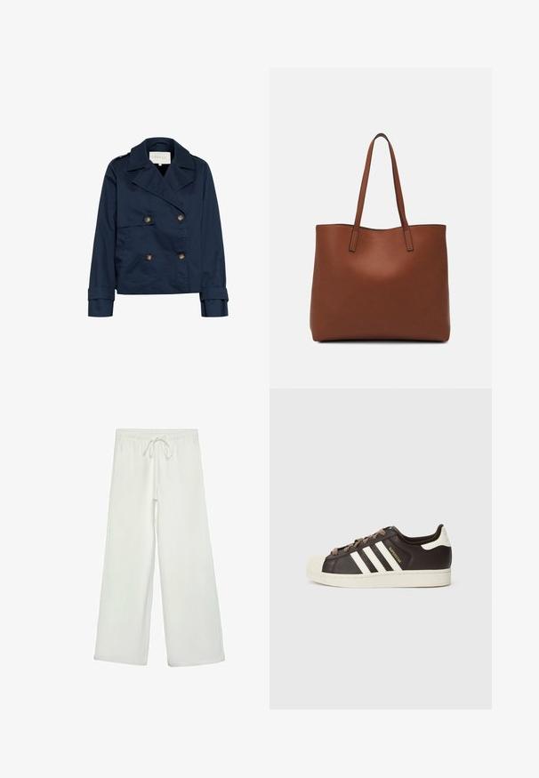 Mornarskoplavi dvostruki sako s velikim reverima, zlatnim gumbima, bočnim džepovima i glatkijom, blago sjajnom teksturom tkanine.; Bijela majica kratkih rukava od pamuka. Ima okrugli izrez i opušteni kroj. Glatka tekstura bez vidljivih uzoraka ili naglasaka.; Bijele hlače širokog kroja od mekog materijala. Imaju elastični pojas s vezicom i glatku teksturu. Nema vidljivih uzoraka ili metalnih dijelova.; Niska Adidas Superstar tenisica od tamnobraon kože s krem školjkastim vrhom, bijelim prugama i natpisom "Superstar" sa strane.; Smeđa kožna torba preko ramena s glatkom teksturom, otvorenim vrhom i dvjema naramenicama. Ima minimalne šavove i nema vidljivog hardvera.