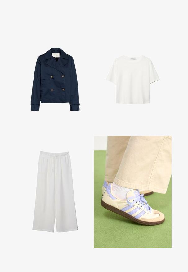 Marineblå dobbeltradet jakke med store reverser, guldknapper, sidelommer og en glat, let skinnende stoftekstur.; Hvid kortærmet t-shirt lavet af bomuld. Har en rund halsudskæring og en afslappet pasform. Glat tekstur uden synlige mønstre eller detaljer.; Hvide vidde bukser lavet af letvægtsstof, med en elastisk talje og snøre for justerbar pasform. Glat tekstur.; Creme og lavendel sneakers med tre striber og en tekstureret brun sål, der har snørebånd og en polstret hæl. Blødt stof øvre.