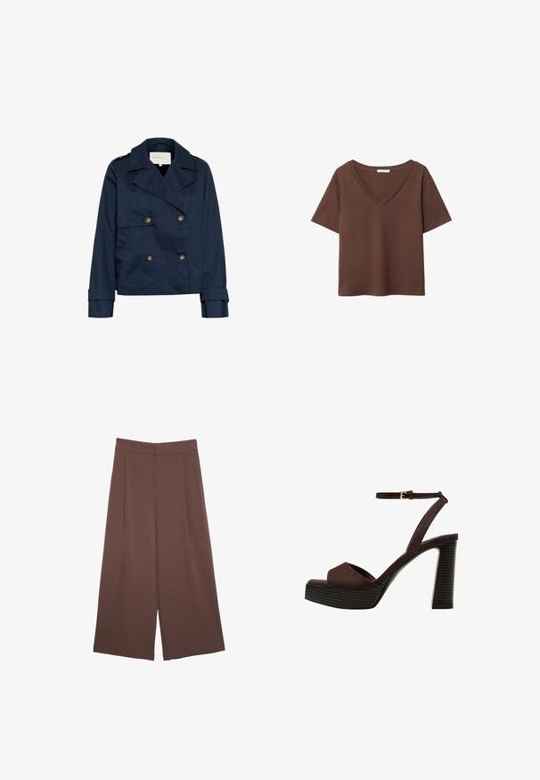 Mornarsko modra dvojna jakna z velikimi reverji, zlatimi gumbi, stranskimi žepi in gladko, rahlo sijočo teksturo tkanine.; Rjava bombažna majica s kratkimi rokavi in globokim V-izrezom. Preprost dizajn, mehak material in raven rob. Brez vzorcev ali dekorativnih elementov.; Rjave široke hlače z gladko teksturo, ki imajo visok pas in sprednje naborke. Tkanina je lahka in prosto pada.; Rjave semiš sandale z visoko peto, odprto spredaj, z nastavljivim gležnjenjem in črtastim podplatom.