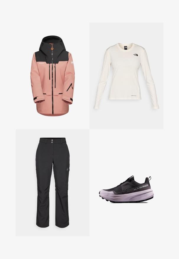 Pink waterproof jacket with a black hood, front zipper, and zippered pockets. Features adjustable cuffs and ventilation openings.; The North Face SHADOW LONG SLEEVE - Long sleeved top - white dune; Black outdoor pants with a straight cut, featuring a button closure, zippered side pockets, and a logo patch on the left thigh.; Black and purple trail running shoe with a textured upper, cushioned sole, and prominent logo. Features a lace-up design and durable tread.