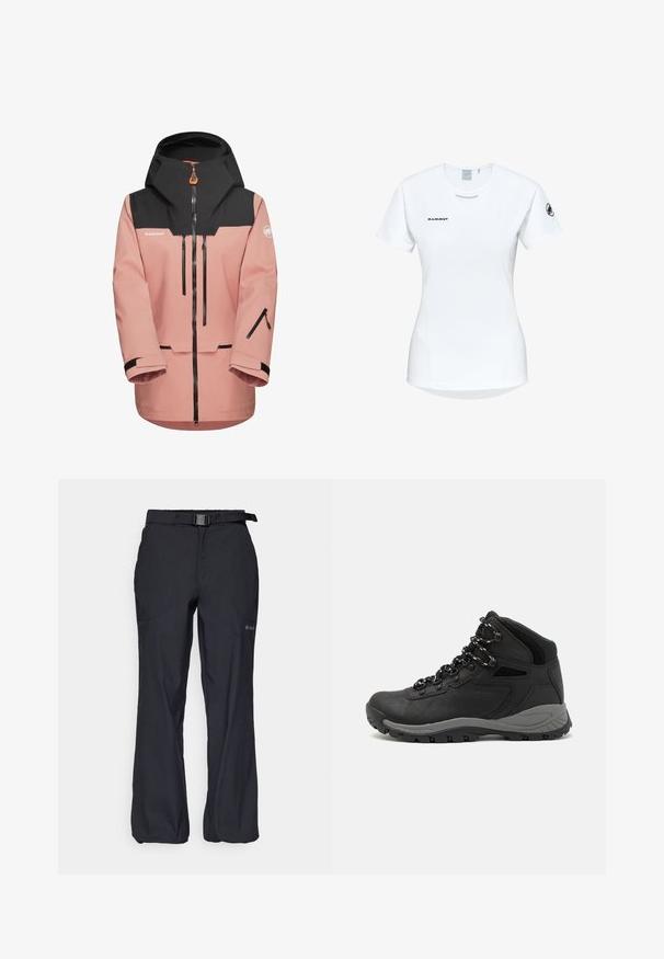 Pink vandtæt jakke med en sort hætte, frontlynlås og lynlåsede lommer. Har justerbare manchetter og ventilationsåbninger.; Kortærmet hvid sportsshirt med rund hals, prydet med et logo på brystet og en glat, let stofstruktur.; Sorte udendørsbukser med letvægtsstof, justerbar talje med bælte og to forlommer. Designet til komfort og funktionalitet.; Sort vandrestøvle med en mellem-højde design, der har en tekstureret overdel, grå detaljer og en holdbar gummisål med skridsikre klodser.