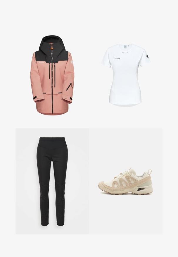 Różowa wodoodporna kurtka z czarnym kapturem, zamek błyskawiczny na przodzie oraz kieszeniami na zamek. Posiada regulowane mankiety i otwory wentylacyjne.; Koszulka sportowa z krótkim rękawem w kolorze białym, z okrągłym dekoltem, z logo na piersi i gładką, lekką teksturą materiału.; Czarne legginsy sportowe z wysokim pasem, gładką teksturą, detalem logo oraz akcentami w postaci bocznych paneli dla dodatkowego zainteresowania wizualnego.; Beżowe i kremowe buty sportowe z teksturowanej siateczki, wspierającymi nakładkami oraz gumową podeszwą z wzorem bieżnika zapewniającym przyczepność.