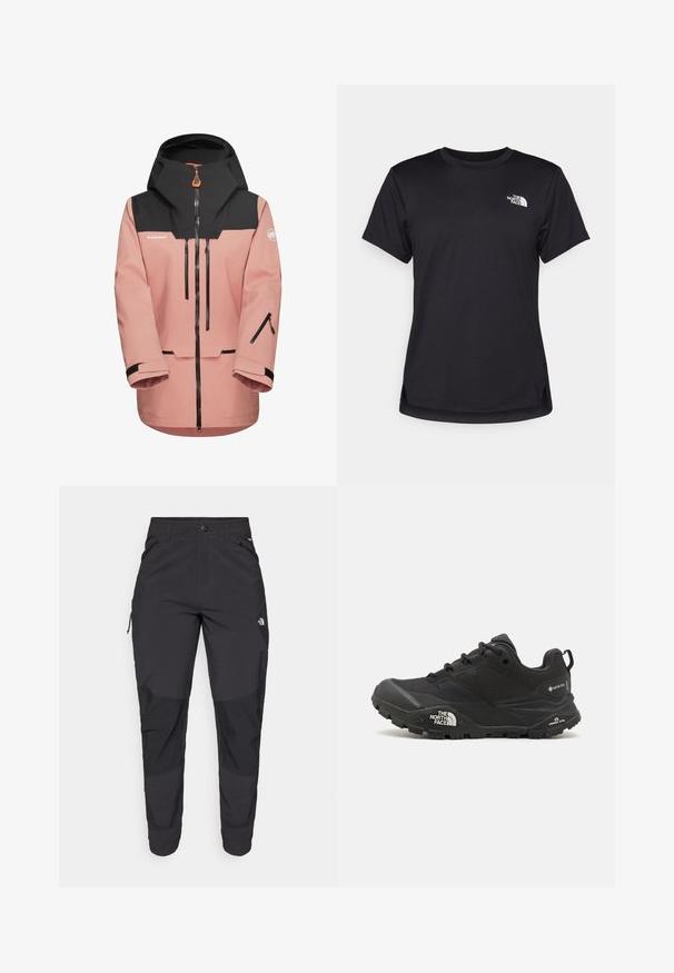 Rosa wasserdichte Jacke mit schwarzer Kapuze, vorderem Reißverschluss und Reißverschlusstaschen. Verfügt über verstellbare Bündchen und Belüftungsöffnungen.; The North Face FLEX SHORT SLEEVES TEE - Sport T-Shirt - black; Schwarze Outdoor-Hosen aus strapazierfähigem Material. Verfügen über Reißverschlusstaschen, verstärkte Knieeinsätze und ein gerades Design für Beweglichkeit.; Schwarzer Wanderschuh mit einer strukturierten Oberfläche, Schnürverschluss und einer massiven Gummisohle, die auf der Seite ein ausgeprägtes Logo sowie Profilmuster zeigt.