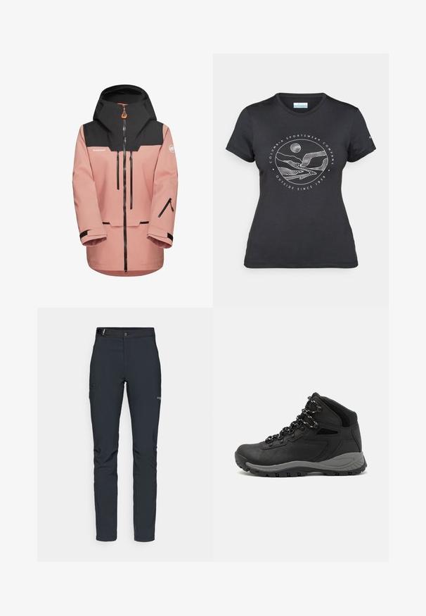 Giacca impermeabile rosa con cappuccio nero, zip frontale e tasche con zip. Presenta polsini regolabili e aperture di ventilazione.; Maglietta nera Columbia con arte lineare bianca di una montagna circolare e un fiume, e il testo "Columbia Sportswear Company Outside Since 1938."; Pantaloni da uomo per attività all'aperto, grigio scuro, realizzati in materiale elastico, dotati di cintura, tasche con zip e cuciture rinforzate.; Stivale da trekking nero con design a metà altezza, dotato di una tomaia texturizzata, accenti grigi e suola in gomma resistente con tasselli per la trazione.
