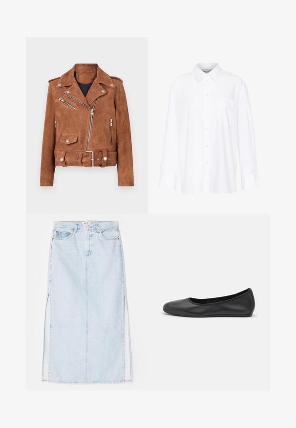 Rjava semišna motoristična jakna s srebrno strojno opremo, z zadrgami, pasom in klasičnim ovratnikom. Teksturirana površina dodaja globino.; Bela dolga majica s kragnico iz bombaža. Ima gumbno zapenjanje spredaj in eno žep na prsih. Gladka tekstura, sproščen kroj.; Svetlo modra jeanska maxi krilna obleka s ravnim krojem, ki ima stranske odprtine in pet žepov. Izstopajoče šivanje in kovinski gumb za zapiranje.; Črne usnjene balerinke z zaobljenim nosom, gladko teksturo, minimalnimi šivi in fleksibilno zasnovo podplata.