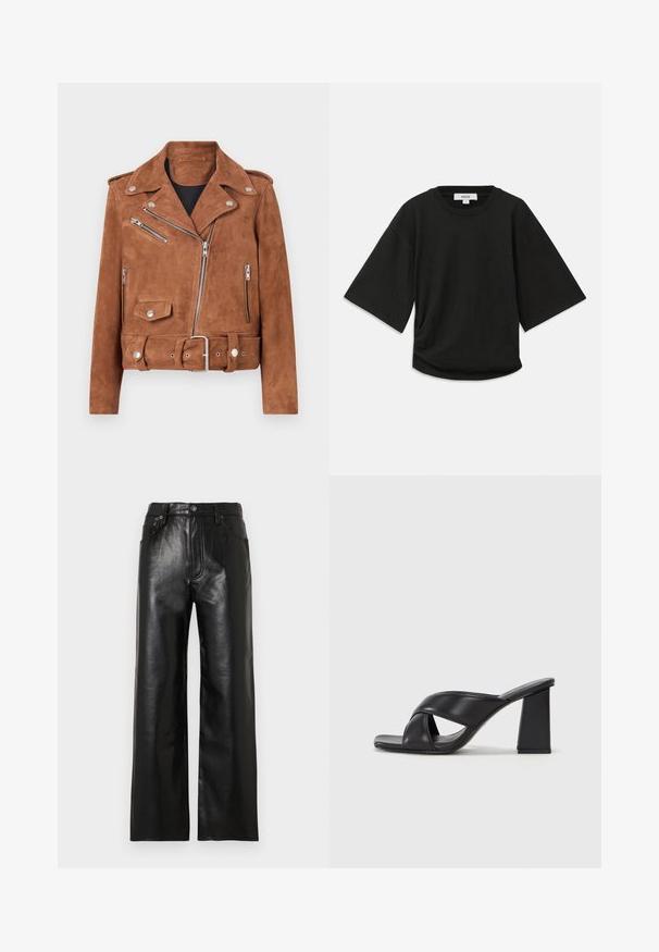 Hnedá semišová motorkárska bunda so striebornými kovaniami, zipsovými vreckami, opaskom v páse a klasickým klopom. Textúrovaný povrch pridáva hĺbku.; Čierne tričko s krátkym rukávom vyrobené z mäkkej bavlny, s okrúhlym výstrihom a voľným strihom s jemným zberaním na boku.; Čierne široké kožené nohavice s lesklým povrchom, ktoré majú predné vrecká, zips a zapínanie na gombík. Celková hladká textúra.; MAX&Co. SOHO - Sandále na vysokom opätku - schwarz