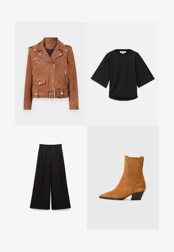 Brūna zamšādas motocikla jaka ar sudraba detaļām, ar rāvējslēdzēja kabatām, jostu viduklī un klasisku iegriezumu apkakli. Tekstūrēta virsma piešķir dziļumu.; Melnā īsā piedurkņu T-kreklā, kas izgatavots no mīksta kokvilnas auduma, ir apaļa kakla izgriezuma un brīva piegriezuma ar vieglu sakopojuma detaļu sānos.; Melni plaša teļa bikses ar gludu tekstūru, pogu aizdari jostasvietā un brīvu piegriezumu. Nav redzamu rakstu vai akcentu.; Brahmas brūnas zamšas potītes ar iegarenu purngalu, vertikāliem šuvju elementiem un sašaurinātu melnu papēdi. Gluda tekstūra visā virsmā.